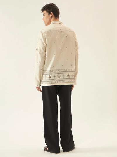 Brown Geometric Embroidered Cotton Kurta