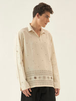 Brown Geometric Embroidered Cotton Kurta