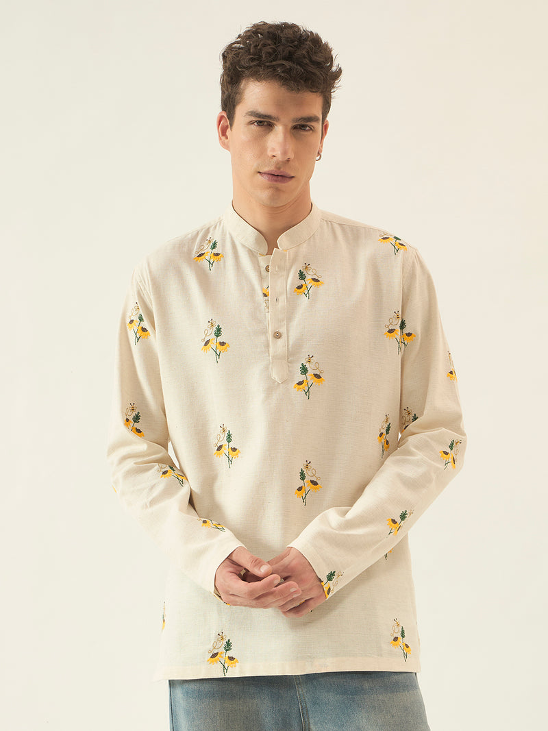 Ivory Sunflower Embroidered Cotton Kurta