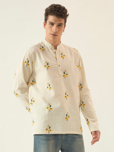 Ivory Sunflower Embroidered Cotton Kurta