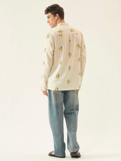 Ivory Sunflower Embroidered Cotton Kurta