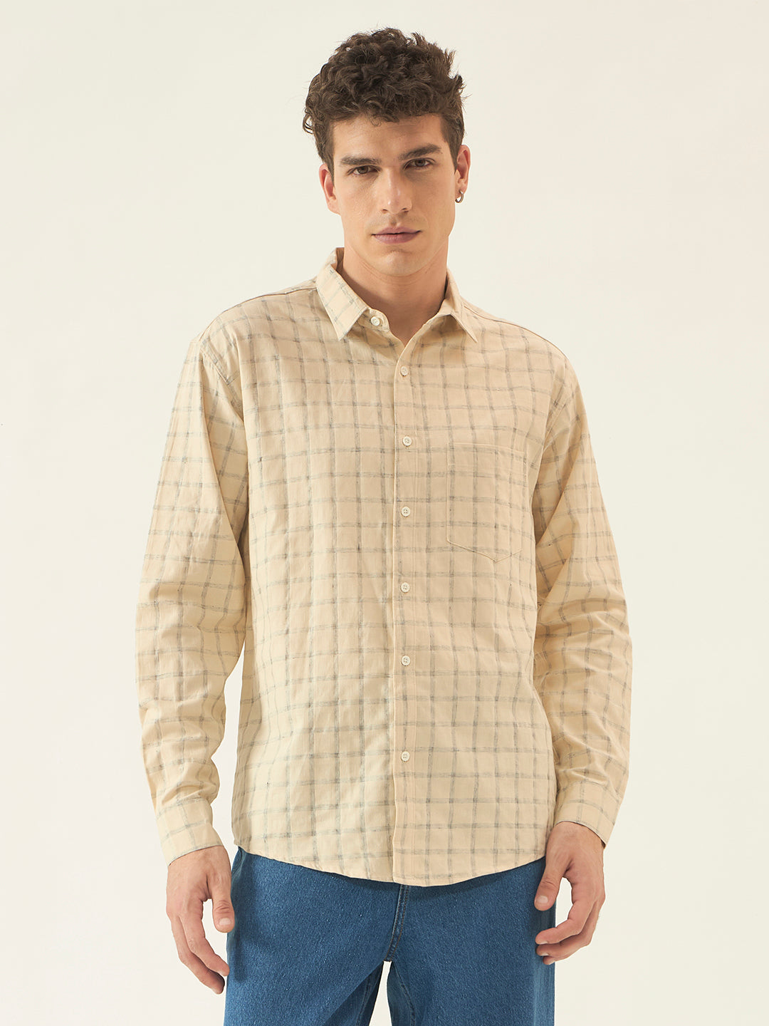 Men's Beige Checked Shirt