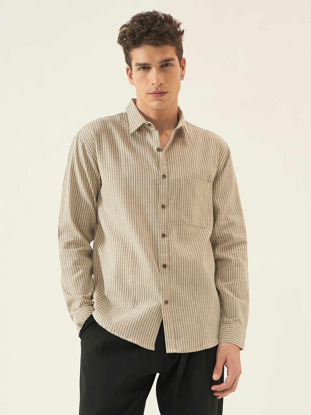 REBELAW Premium Beige Stripe Cotton Regular Fit Shirt