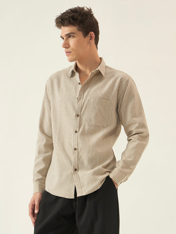 REBELAW Premium Beige Stripe Cotton Regular Fit Shirt