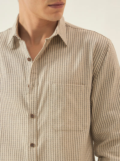 REBELAW Premium Beige Stripe Cotton Regular Fit Shirt