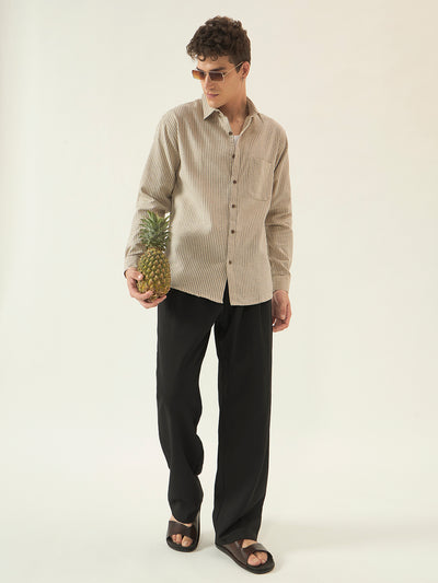 REBELAW Premium Beige Stripe Cotton Regular Fit Shirt