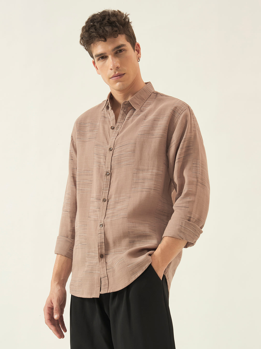 Textured Brown Twill Cotton Regular Fit Shirt