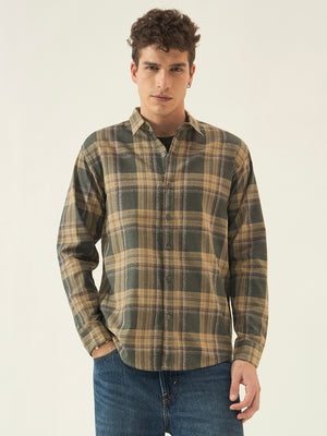 Men’s Full Sleeve Checkered Linen-Feel Cotton Shirt – Regular Fit