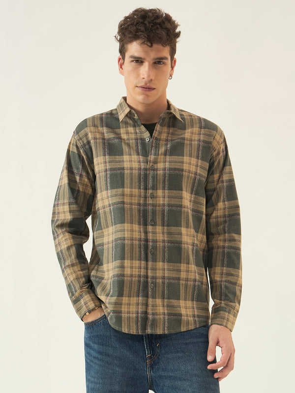 Men’s Full Sleeve Checkered Linen-Feel Cotton Shirt – Regular Fit