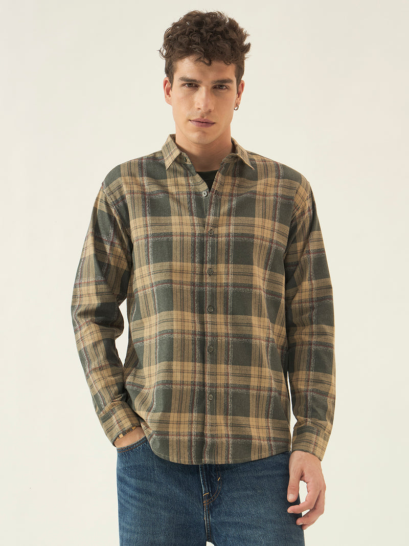 Men’s Full Sleeve Checkered Linen-Feel Cotton Shirt – Regular Fit