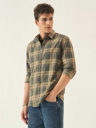 Men’s Full Sleeve Checkered Linen-Feel Cotton Shirt – Regular Fit