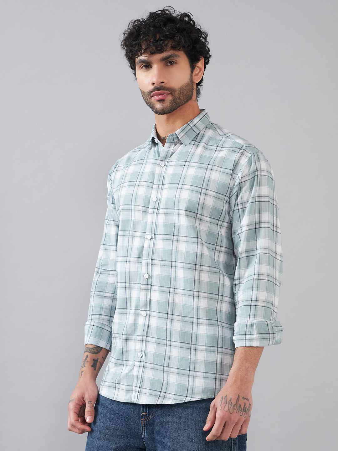Light BlueChecks Back Printed Full Sleeve Shirt