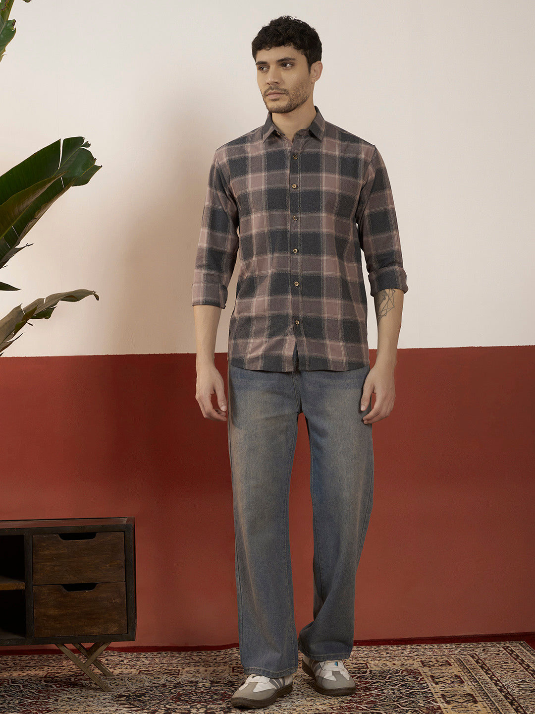 The Dusk Men’s Full Sleeve Checkered Linen-Feel Cotton Shirt – Regular Fit