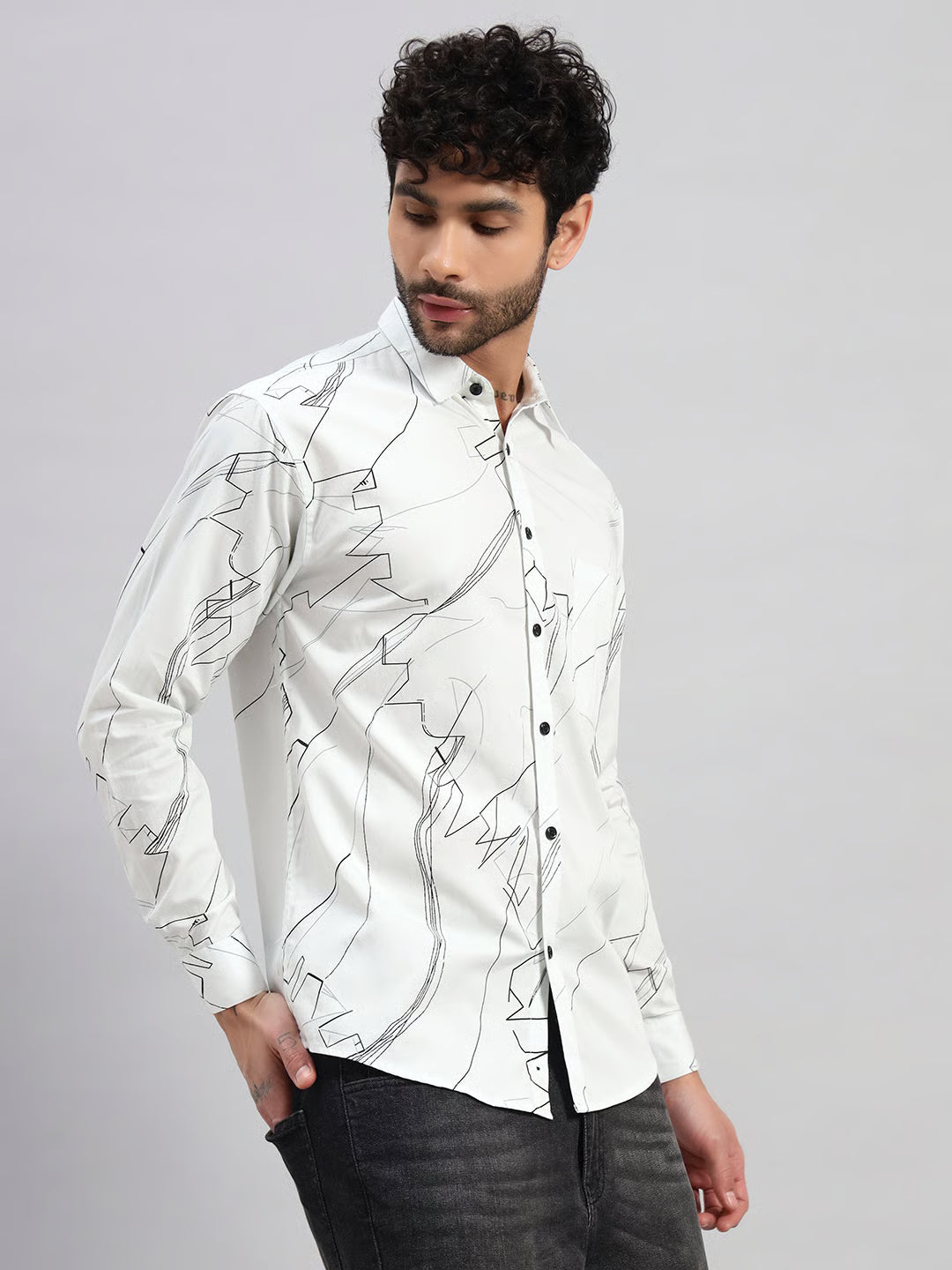REBELAW Men’s Satin Cotton Printed Shirt | Modern Abstract Design | Regular Fit