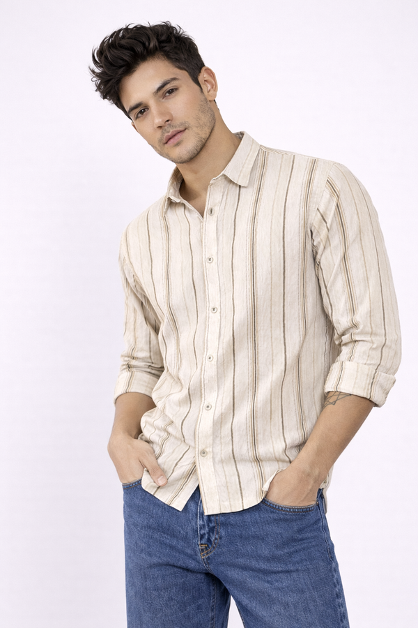 REBELAW Natural Stripe Wrinkle-Effect Cotton Blend Shirt