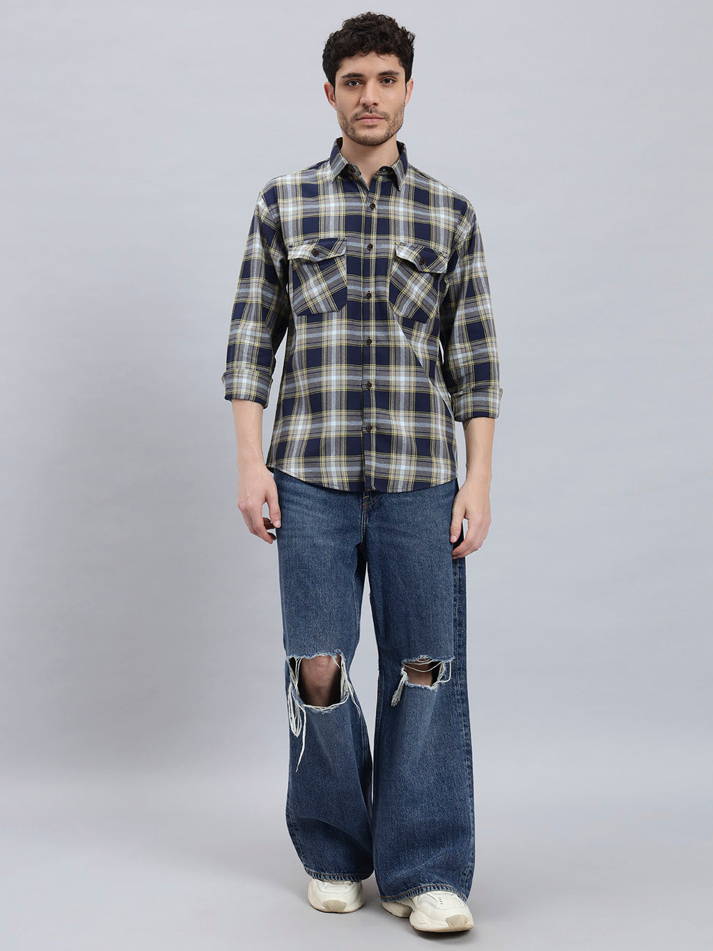 Men’s Cotton Oversized Checkered Shirt – Double Pocket