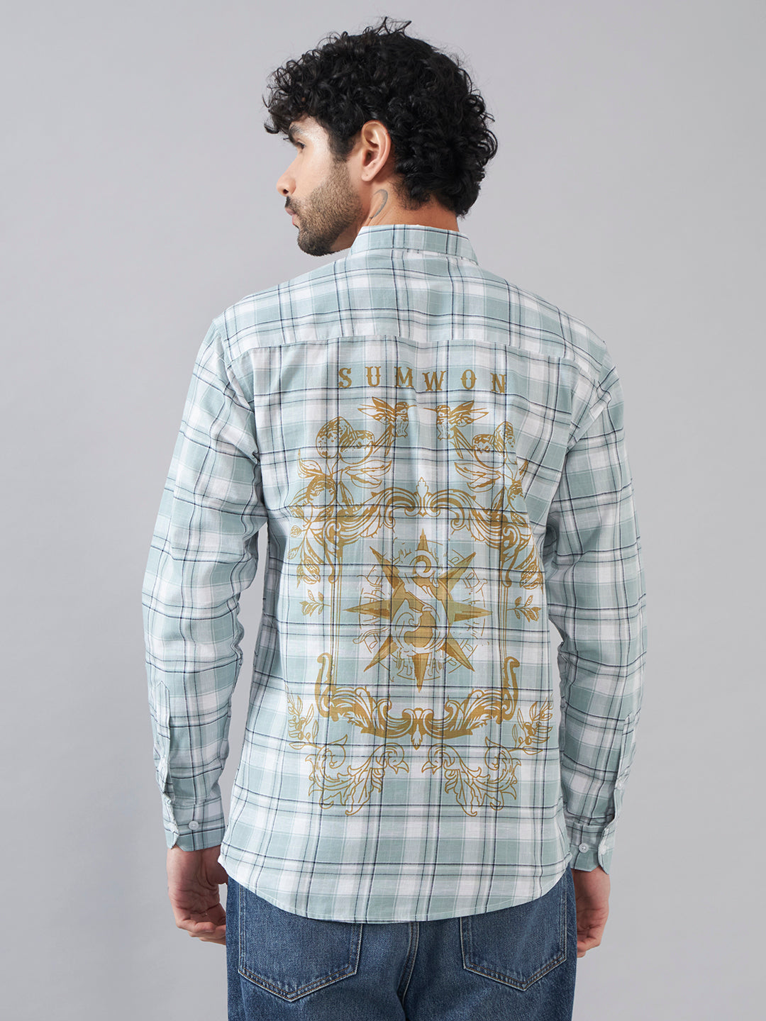Pale Blue Check Back-Printed Full Sleeve Shirt