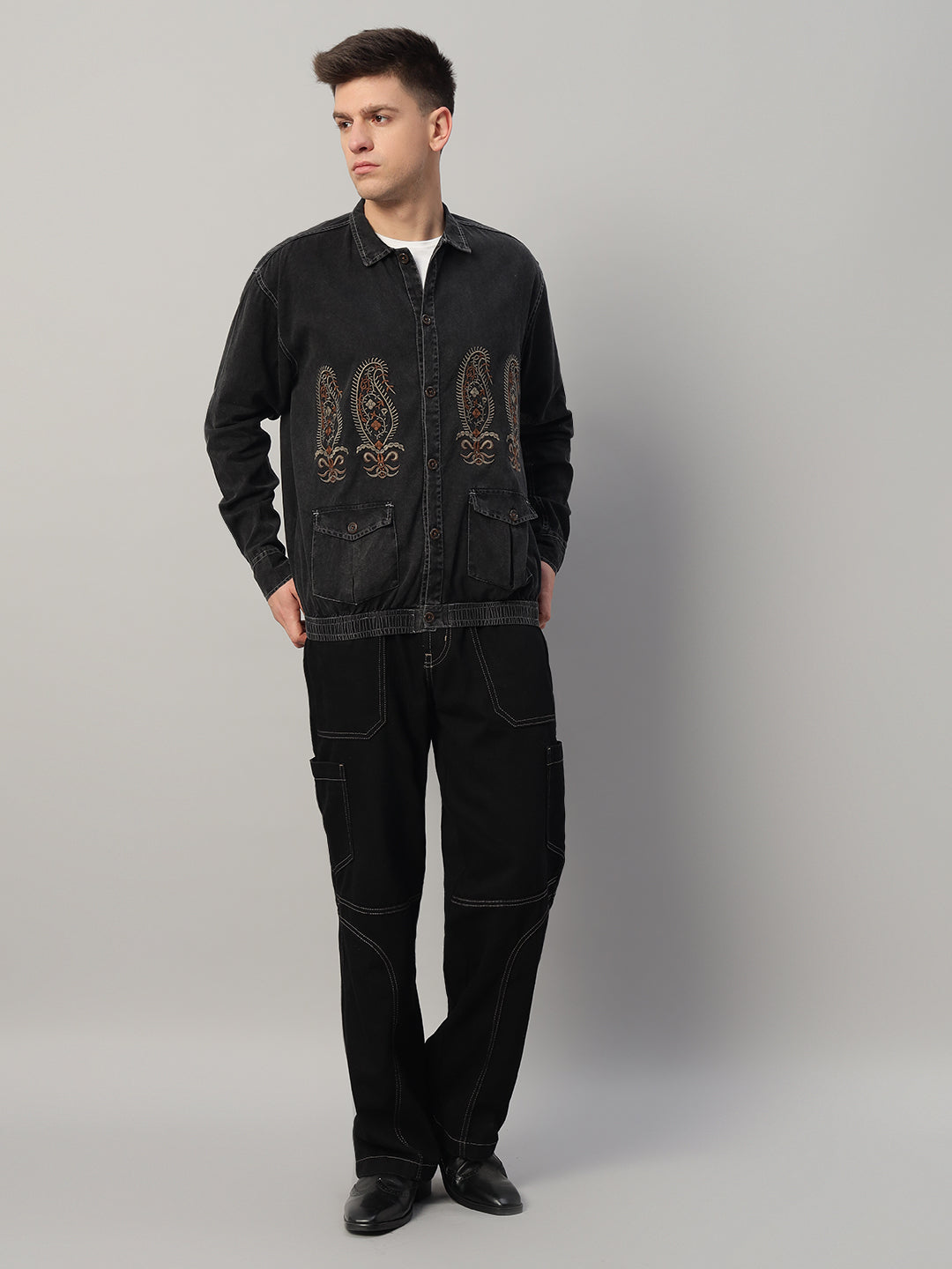 REBELAW Classic Washed Embroidered Oversized Cotton Jacket