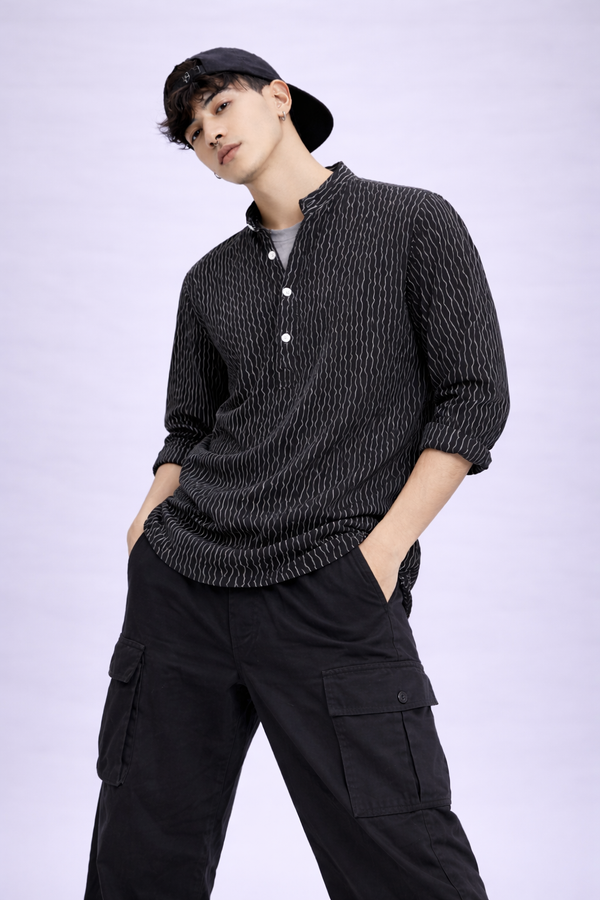 Textured Black Short Kurta