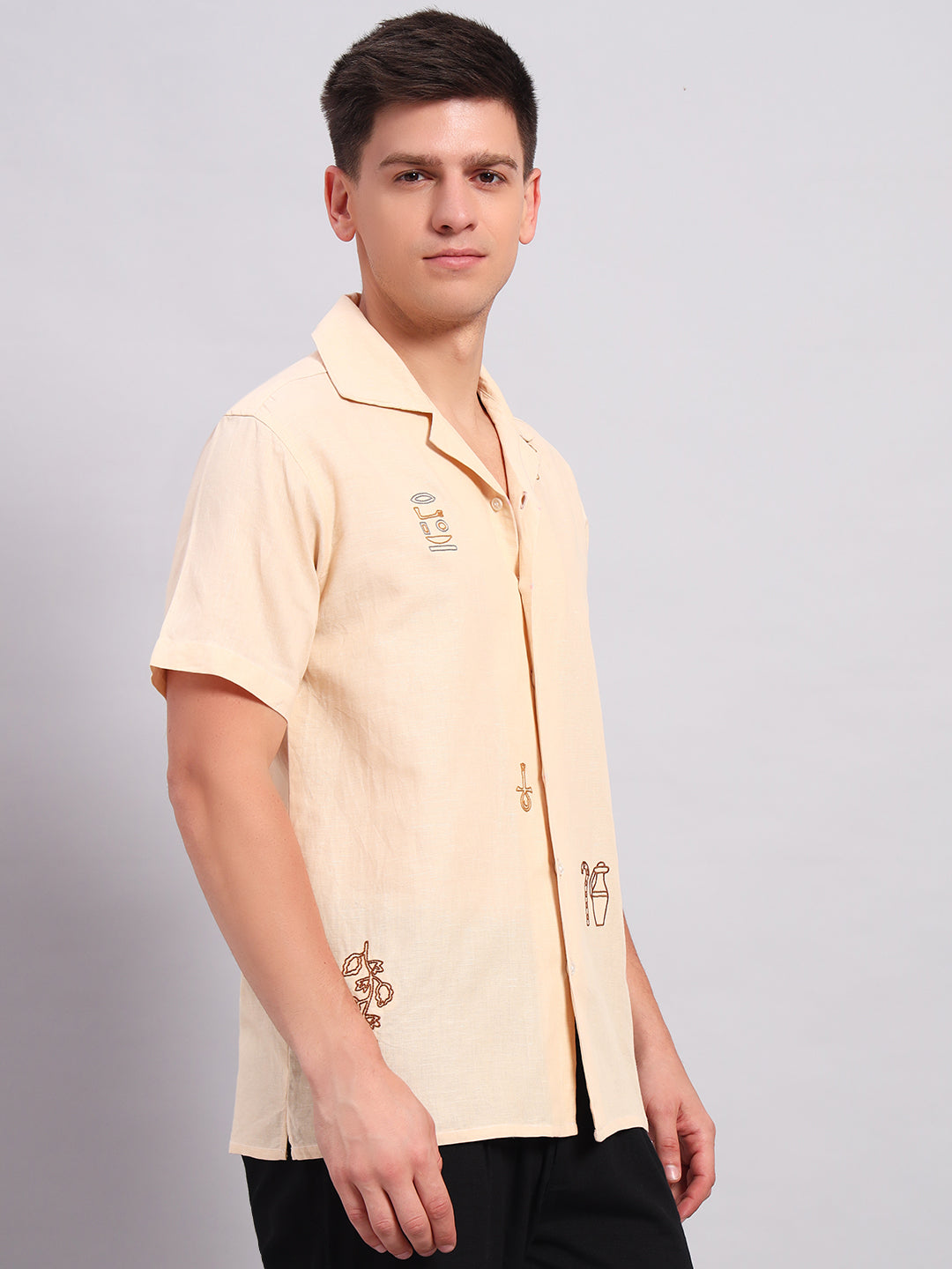 Men's Beige Embroidered Cuban Collar Casual Shirt