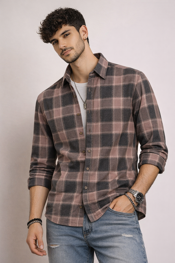 The Dusk Men’s Full Sleeve Checkered Linen-Feel Cotton Shirt – Regular Fit