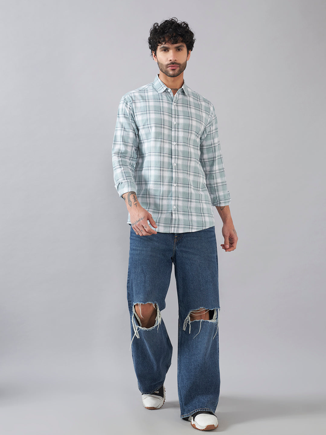 Light BlueChecks Back Printed Full Sleeve Shirt
