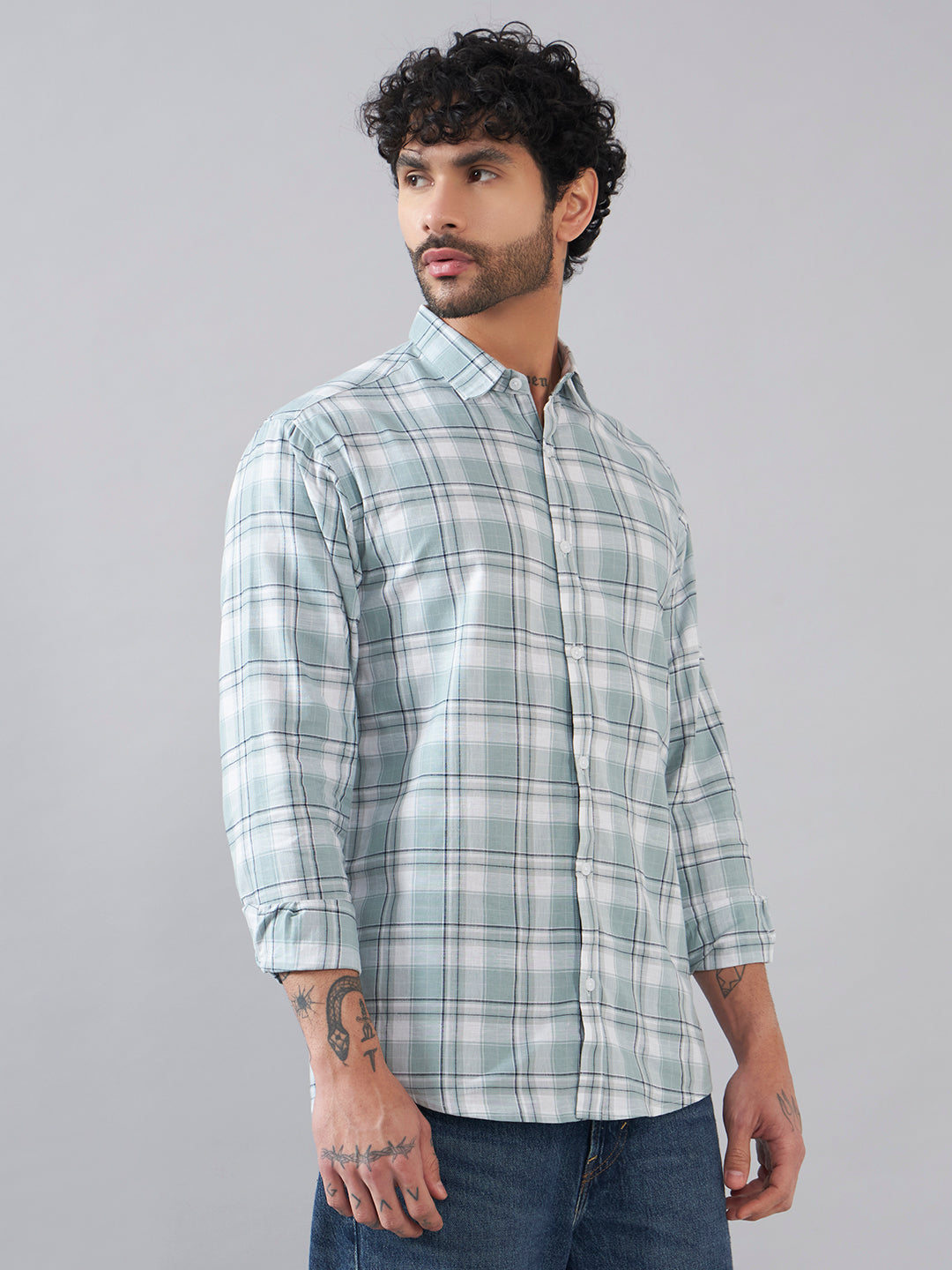 Light BlueChecks Back Printed Full Sleeve Shirt