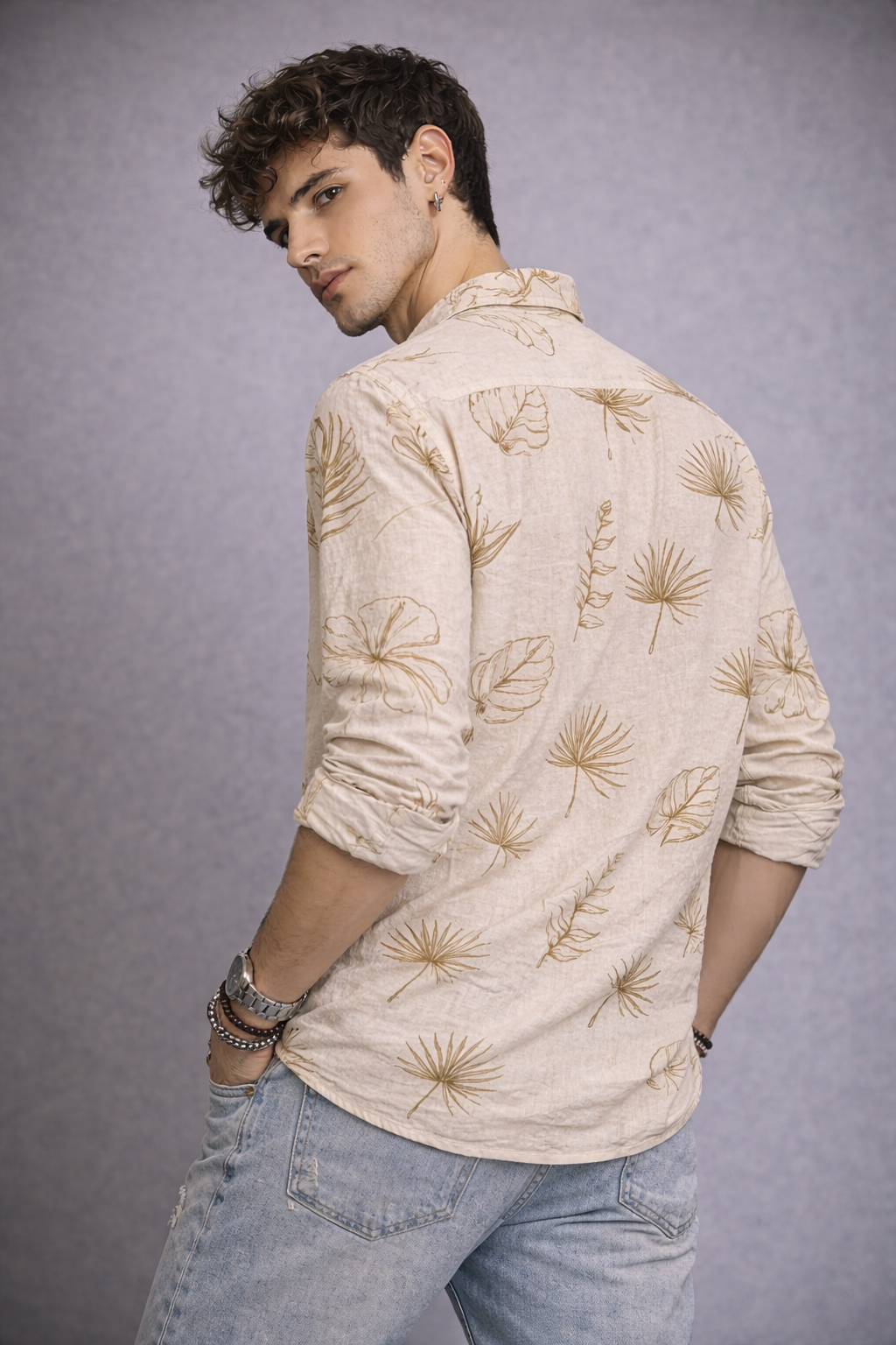 REBELAW Leaf Drift Linen Regular Fit Shirt