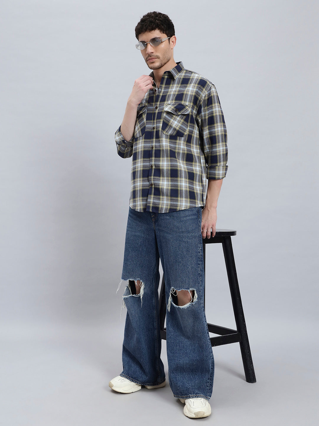 Men’s Cotton Oversized Checkered Shirt – Double Pocket