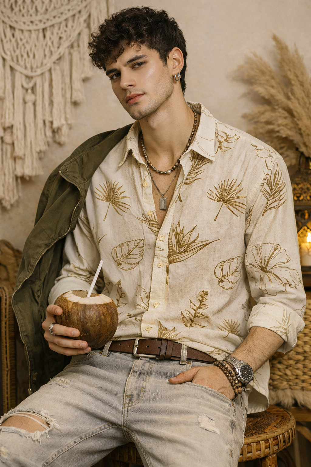 REBELAW Leaf Drift Linen Regular Fit Shirt