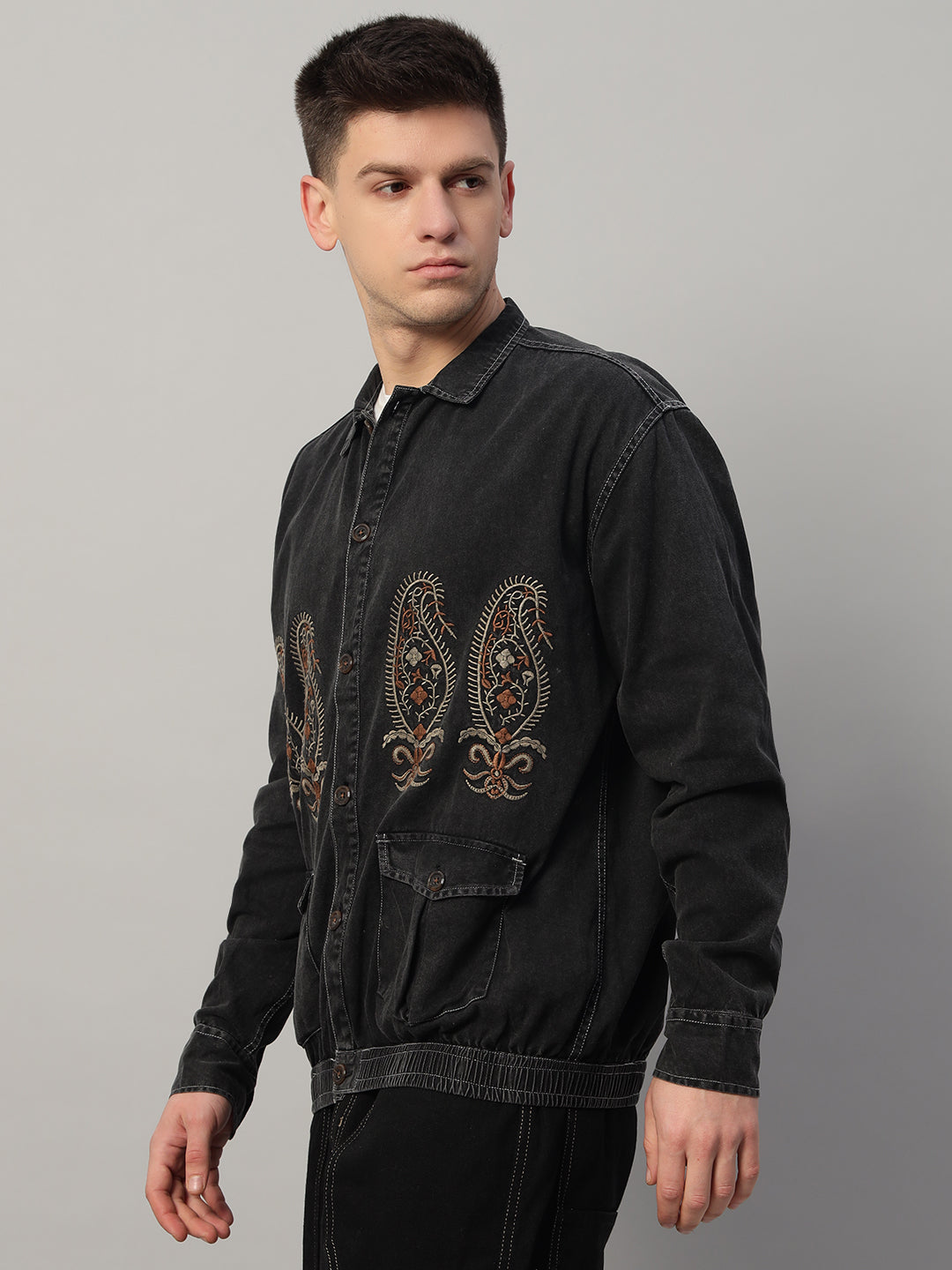 REBELAW Classic Washed Embroidered Oversized Cotton Jacket