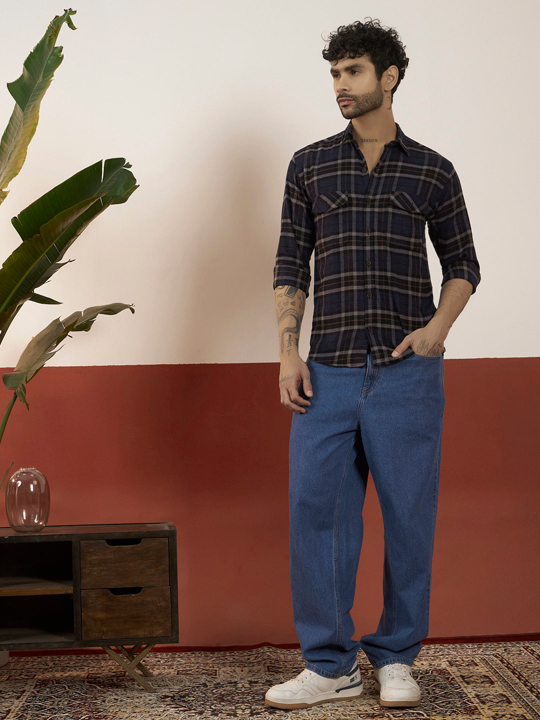 REBELAW Blue Checkered Brushed Shirt – Regular Fit