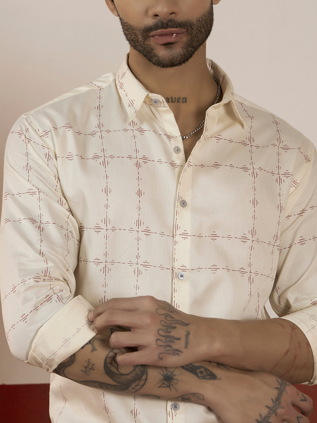 Men’s Off-White Satin Cotton Printed Shirt – Full Sleeve | Regular Fit