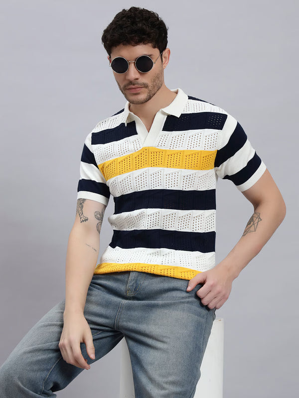 Men’s Premium Cotton Knitted T-Shirt with Multicolour Stripe Design