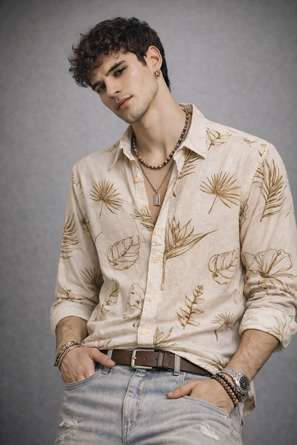 REBELAW Leaf Drift Linen Regular Fit Shirt