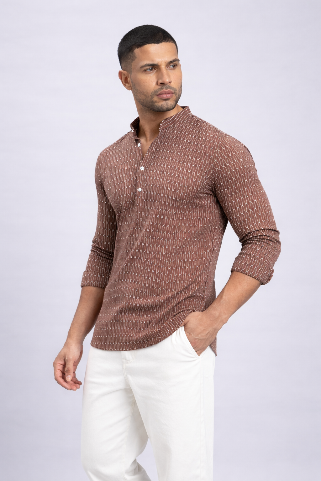 Textured Dark Brown Short Kurta