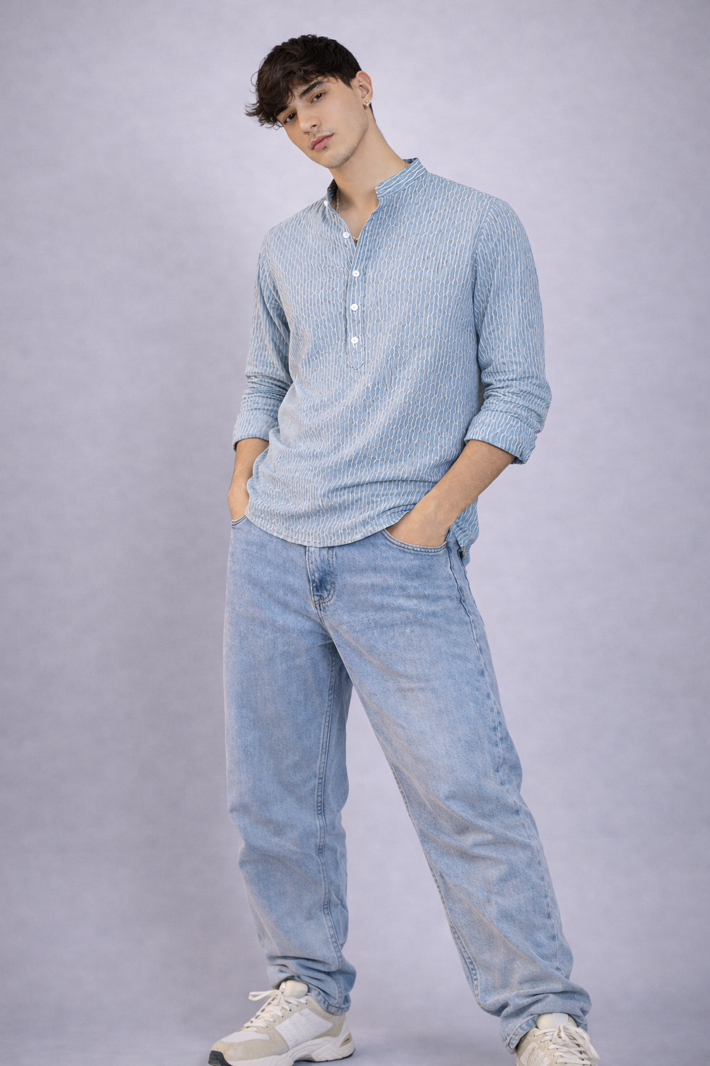 Textured Blue Short Kurta