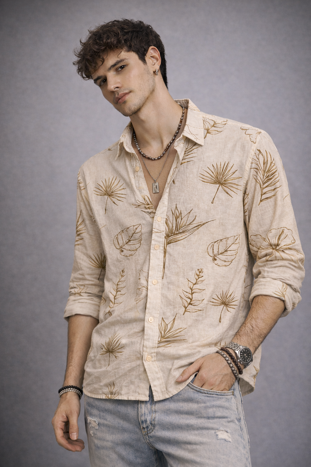 REBELAW Leaf Drift Linen Regular Fit Shirt