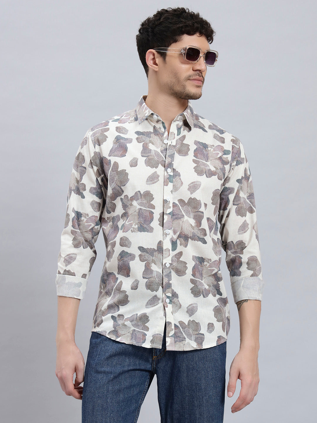 REBELAW Leaf Pattern Cotton Linen Shirt – Full Sleeve | Regular Fit