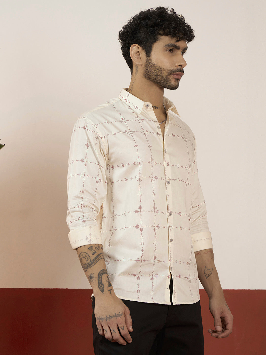 Men’s Off-White Satin Cotton Printed Shirt – Full Sleeve | Regular Fit