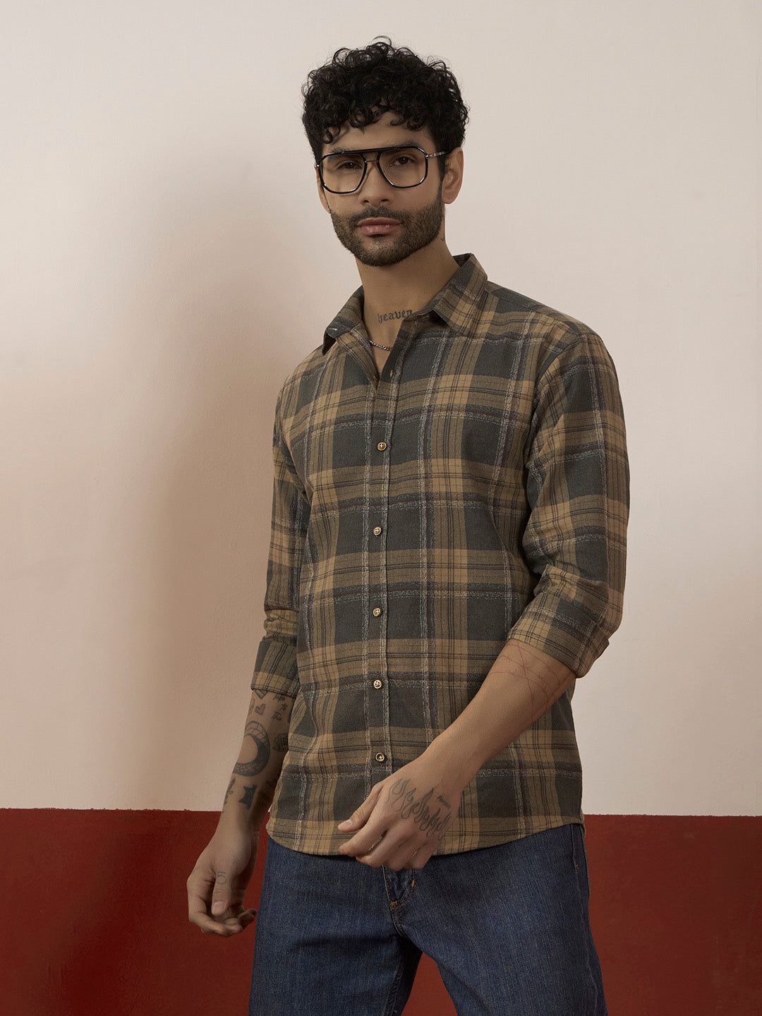 Men’s Full Sleeve Checkered Linen-Feel Cotton Shirt – Regular Fit