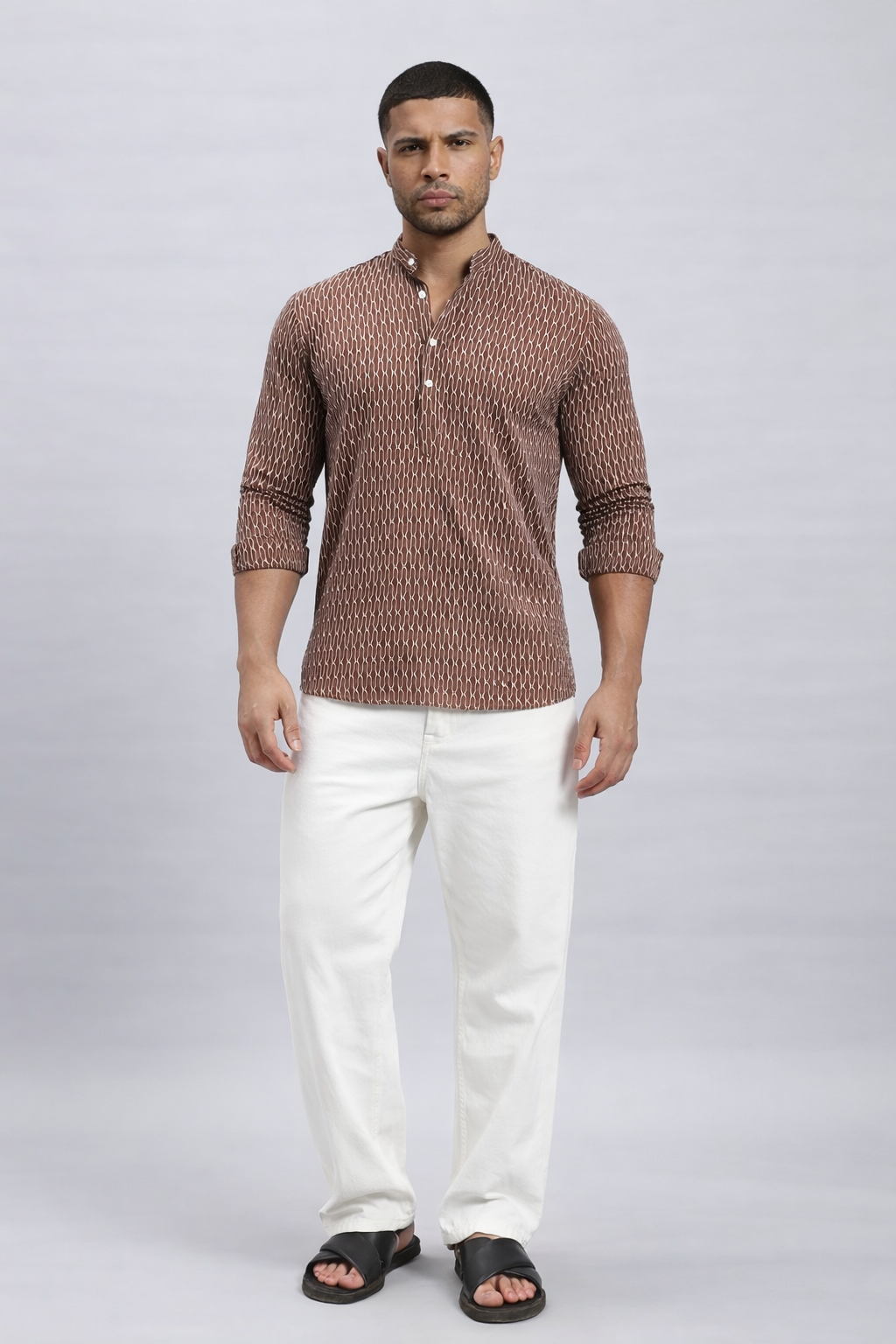 Textured Dark Brown Short Kurta