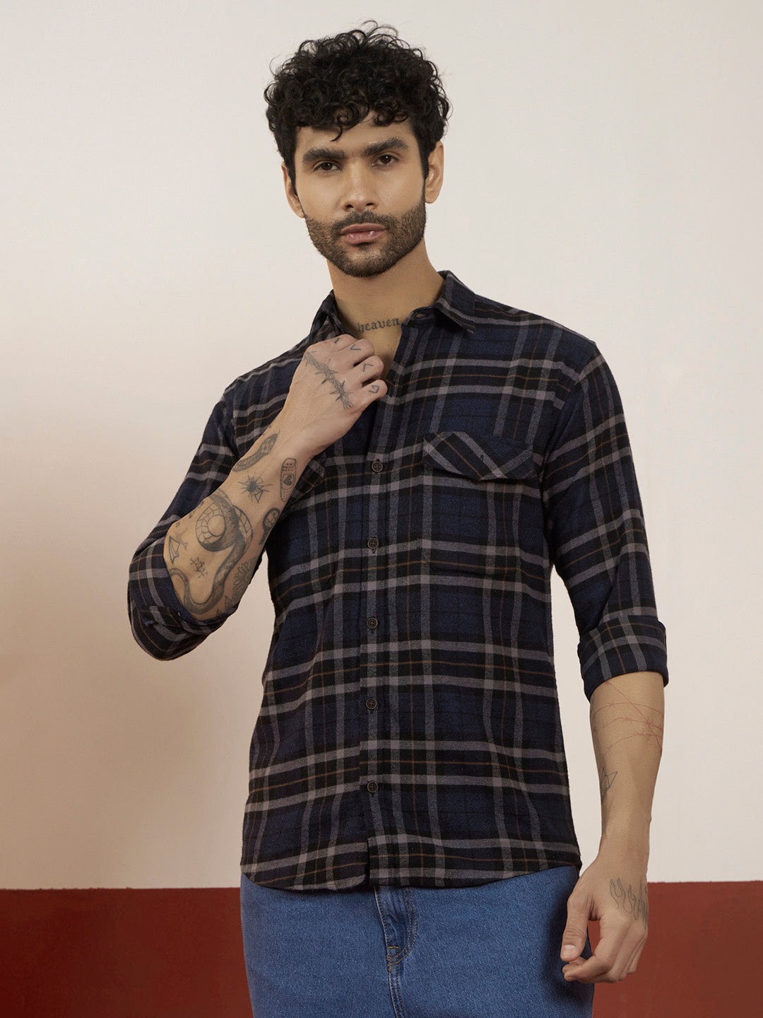 REBELAW Blue Checkered Brushed Shirt – Regular Fit