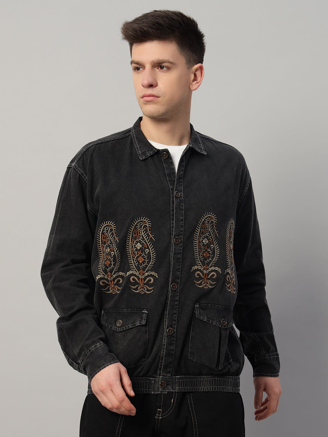 REBELAW Classic Washed Embroidered Oversized Cotton Jacket
