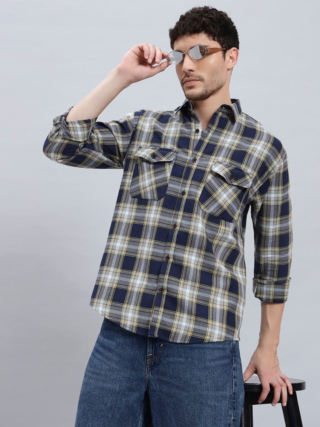 Men’s Cotton Oversized Checkered Shirt – Double Pocket