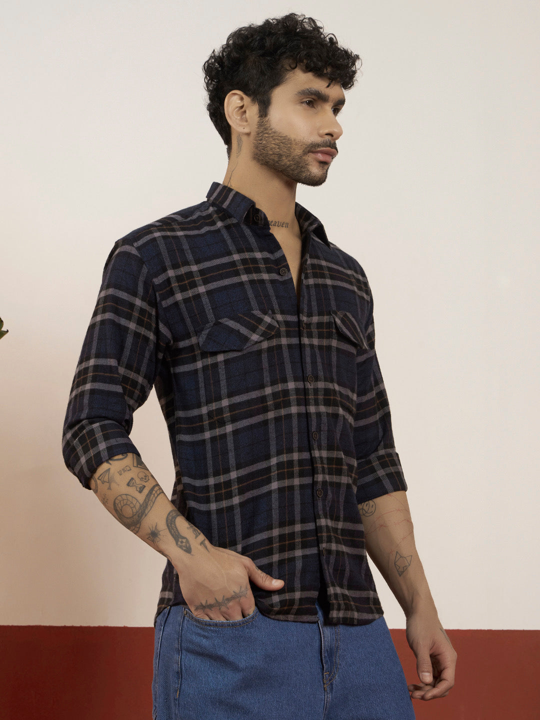 REBELAW Blue Checkered Brushed Shirt – Regular Fit