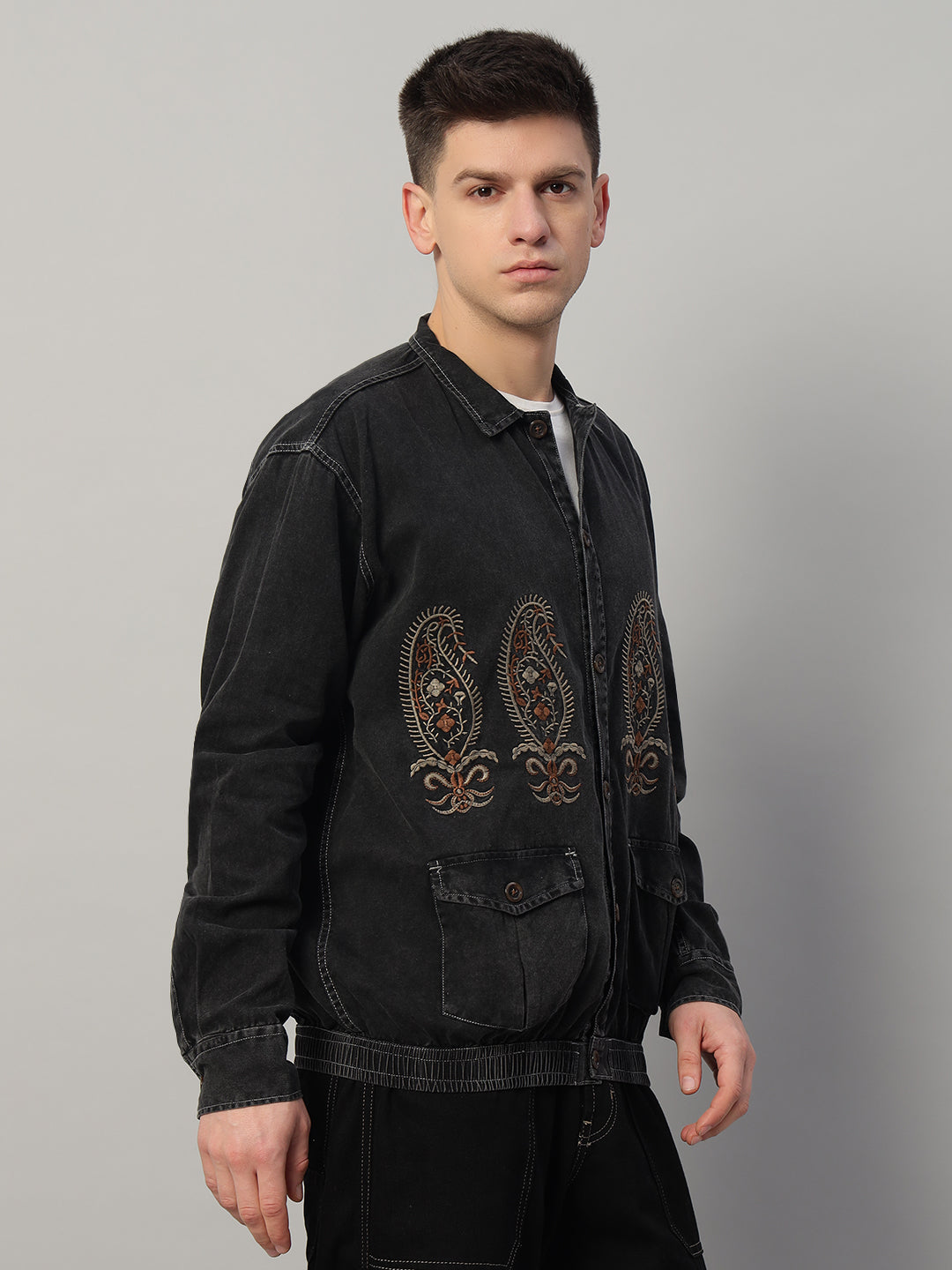 REBELAW Classic Washed Embroidered Oversized Cotton Jacket