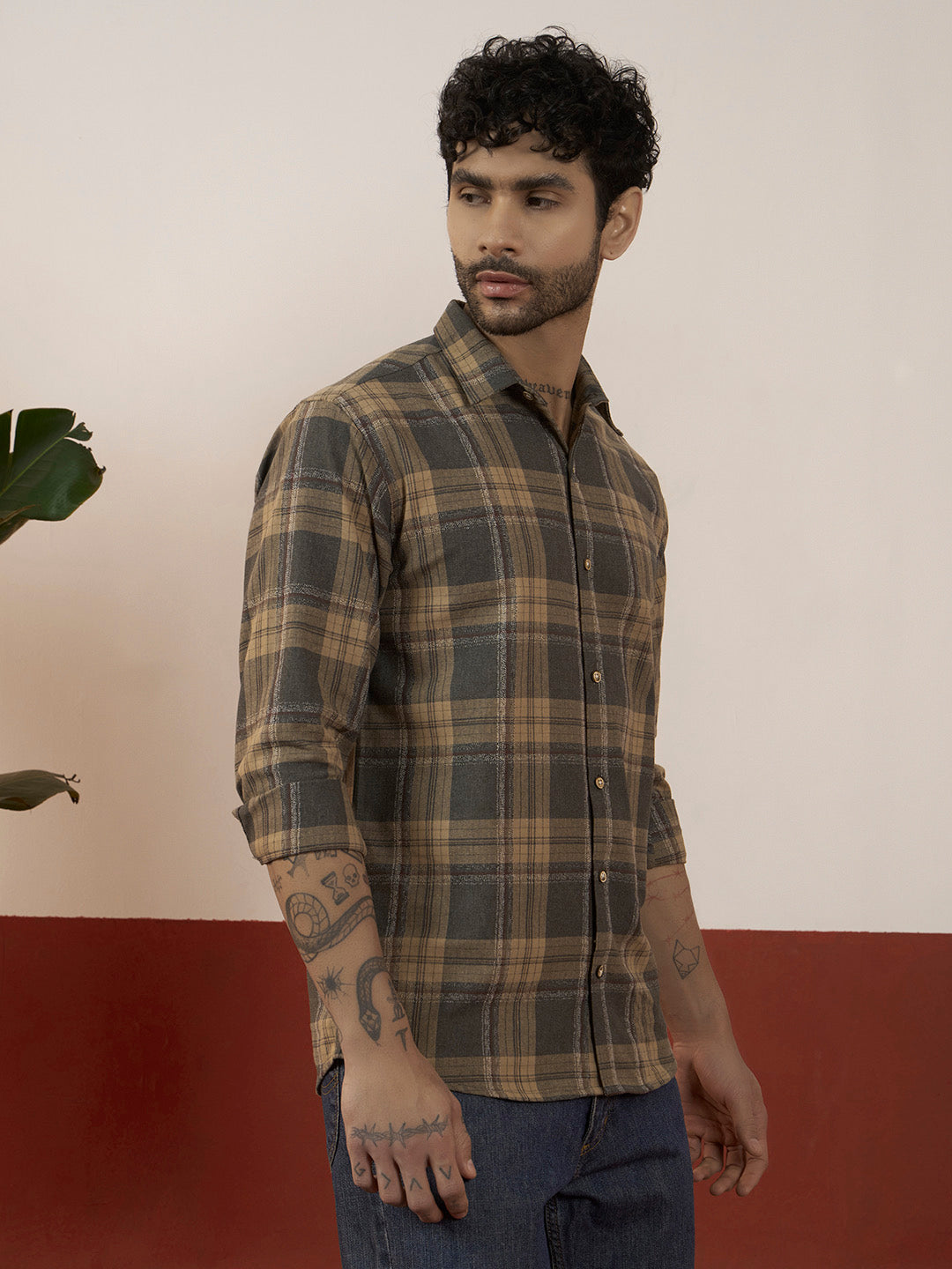 Men’s Full Sleeve Checkered Linen-Feel Cotton Shirt – Regular Fit