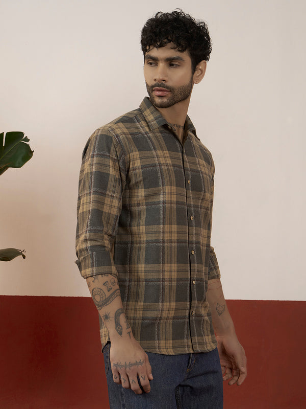 Men’s Full Sleeve Checkered Linen-Feel Cotton Shirt – Regular Fit