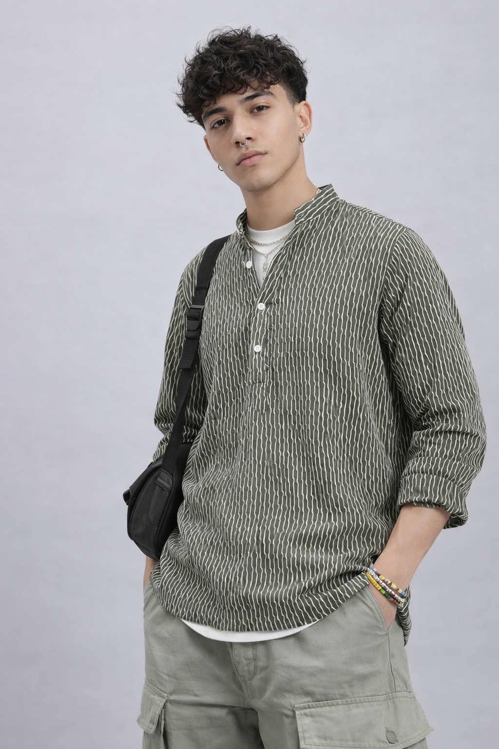 Textured Bottle Green Short Kurta